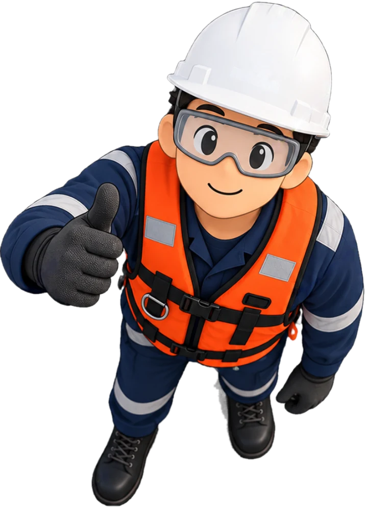 Trabajador con casco, lentes, chaleco salvavidas y guantes, haciendo un gesto de aprobación